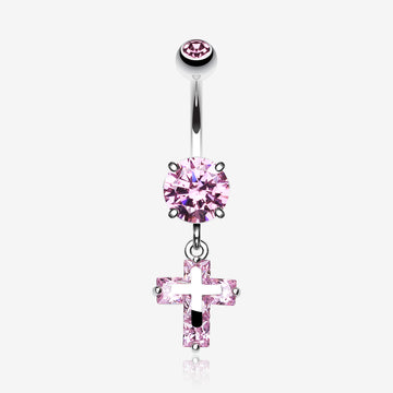 Cross on Cross Sparkle Belly Ring-Pink